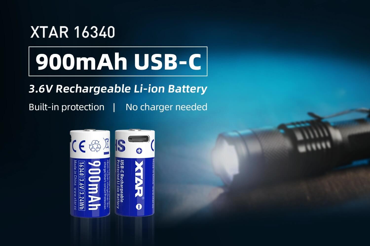 XTAR 16340 900mAh USB-C Batería Li-Ion protegida