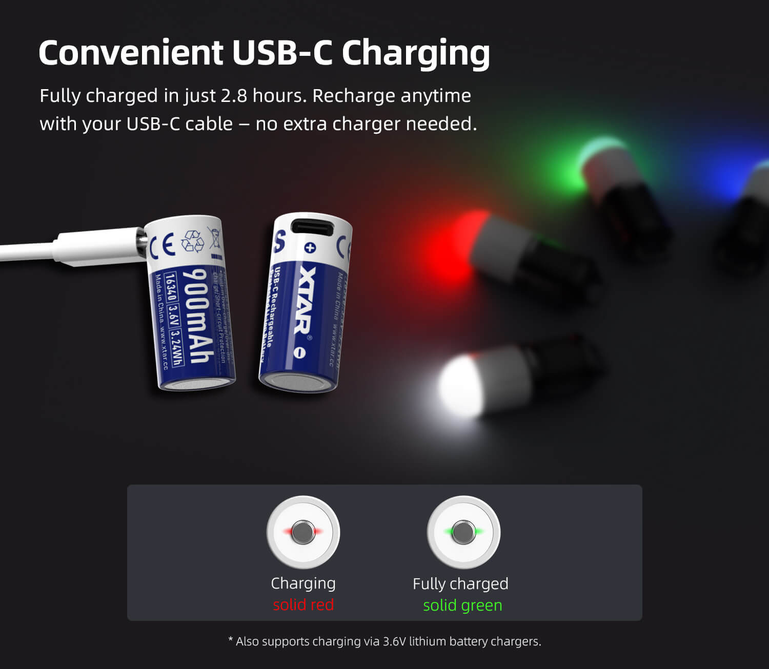 XTAR 16340 batería recargable de 900mAh con puerto USB-C