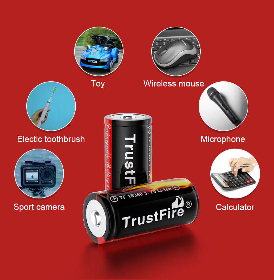 Batería recargable Trustfire 16340 CR123A 3.7V 880mAh Li-Ion protegida con PCB – vista frontal