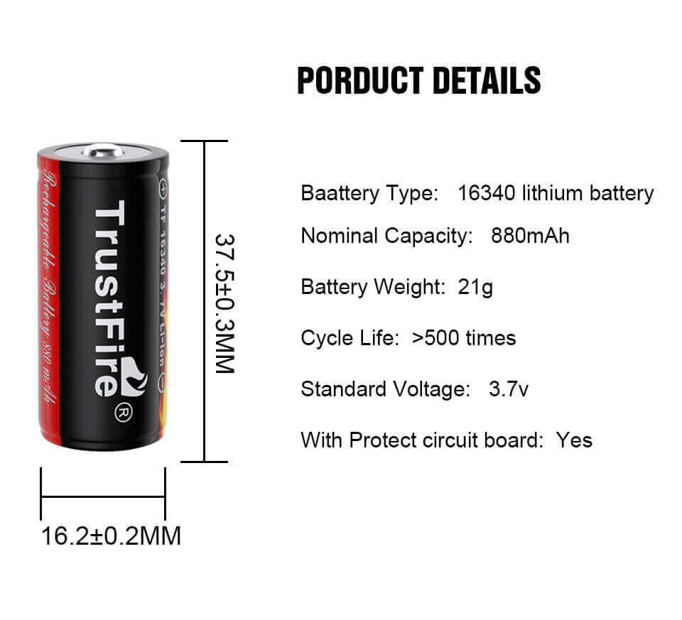 Batería Trustfire 16340 CR123A recargable 880mAh 3.7V Li-Ion con protección – vista lateral
