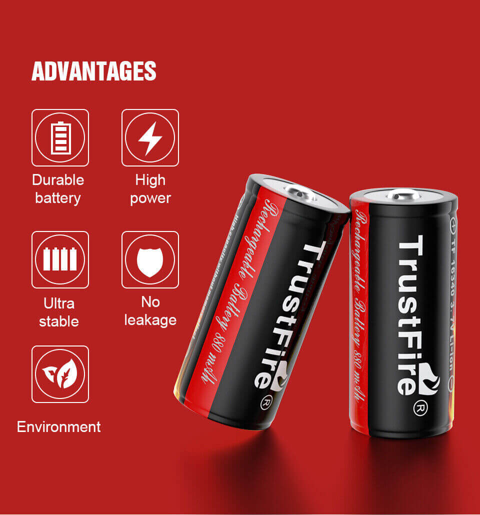 Detalle del tamaño compacto de la batería recargable Trustfire 16340 CR123A 880mAh 3.7V Li-Ion