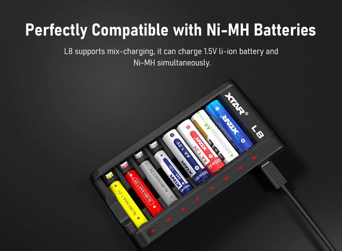 Cargador XTAR L8 con LEDs indicadores de carga para pilas AA y AAA recargables