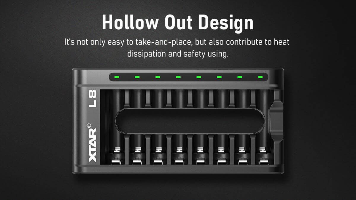 Indicadores LED del cargador XTAR L8 mostrando el estado de cada batería recargable